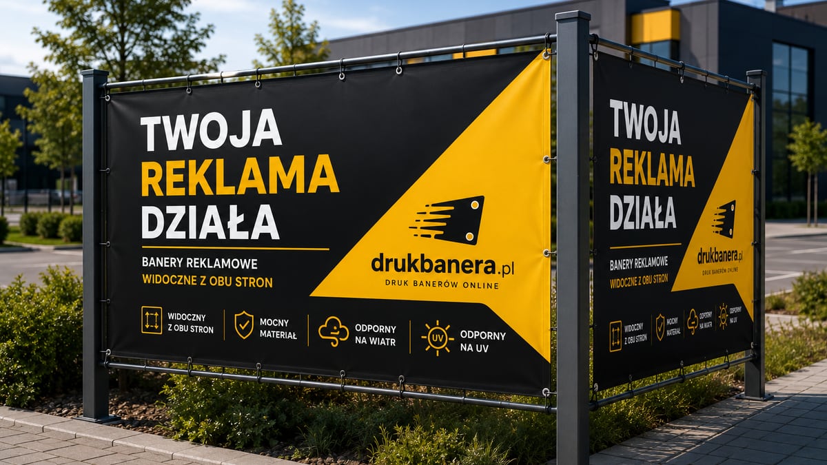 Baner reklamowy firmy usługowej na ogrodzeniu