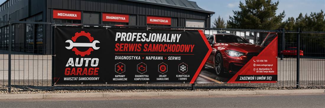 Baner reklamowy na ogrodzeniu warsztatu samochodowego