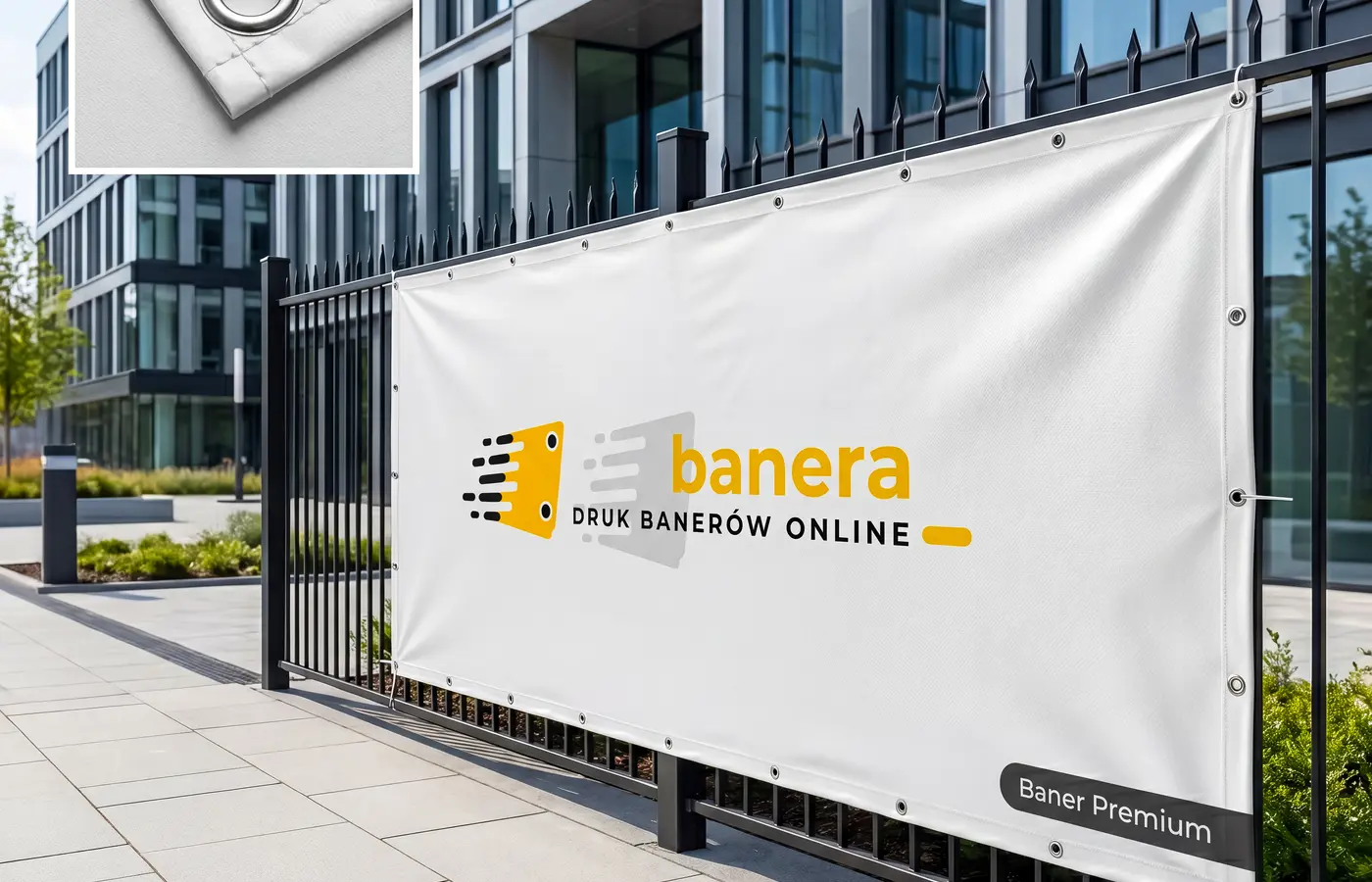 Baner premium powlekany zawieszony na ogrodzeniu przy elewacji